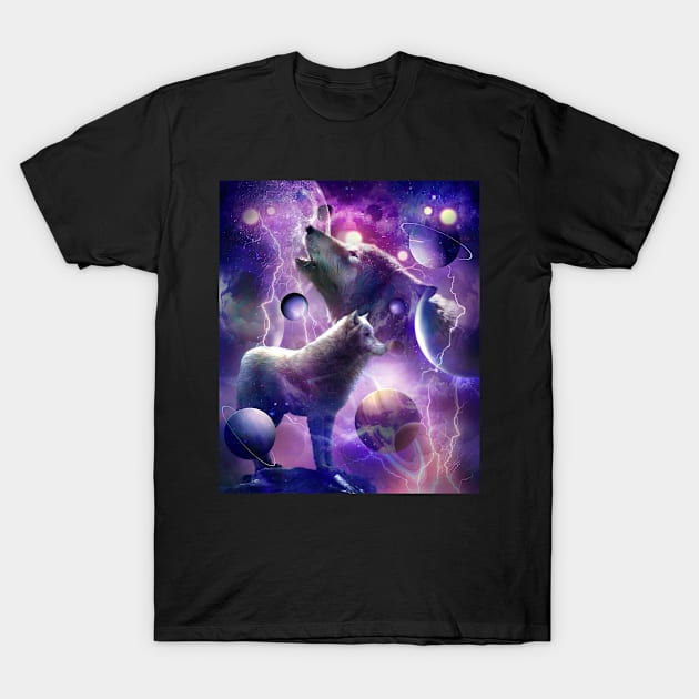 Cosmic Wolf Howling At Moon In Space T-Shirt by Random Galaxy